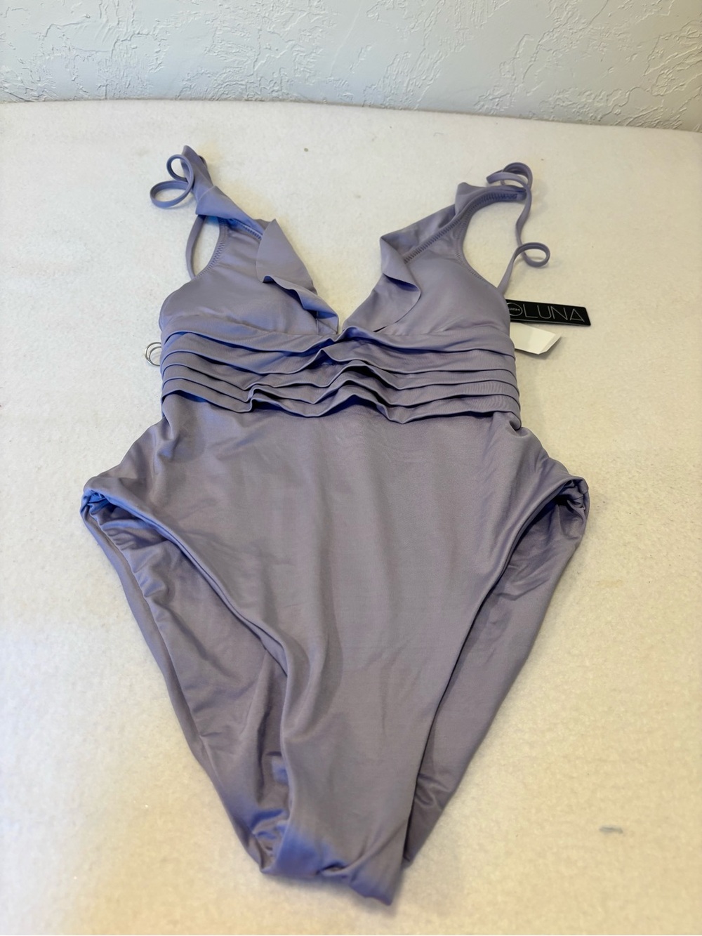 NWT SOLUNA Lavender One Piece Swimsuit Ruffle V-Neck Tie Back Small